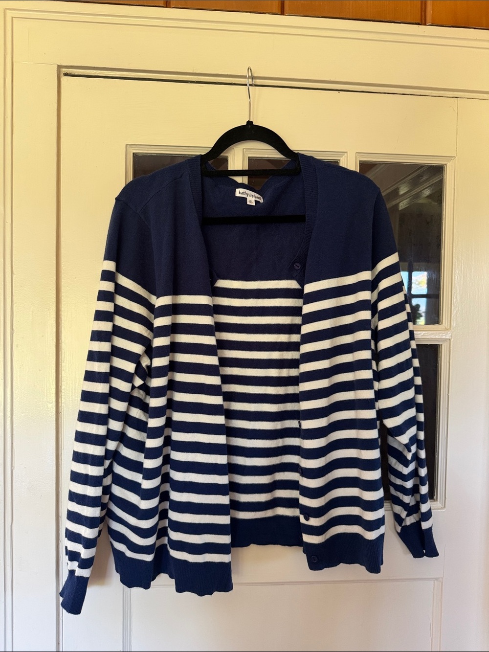 kathy ireland Navy and White Striped Cardigan Sweater